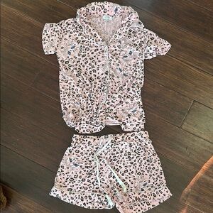 Pink Leopard Print Women's Pajamas Short Sleeve Shorts Set Size S